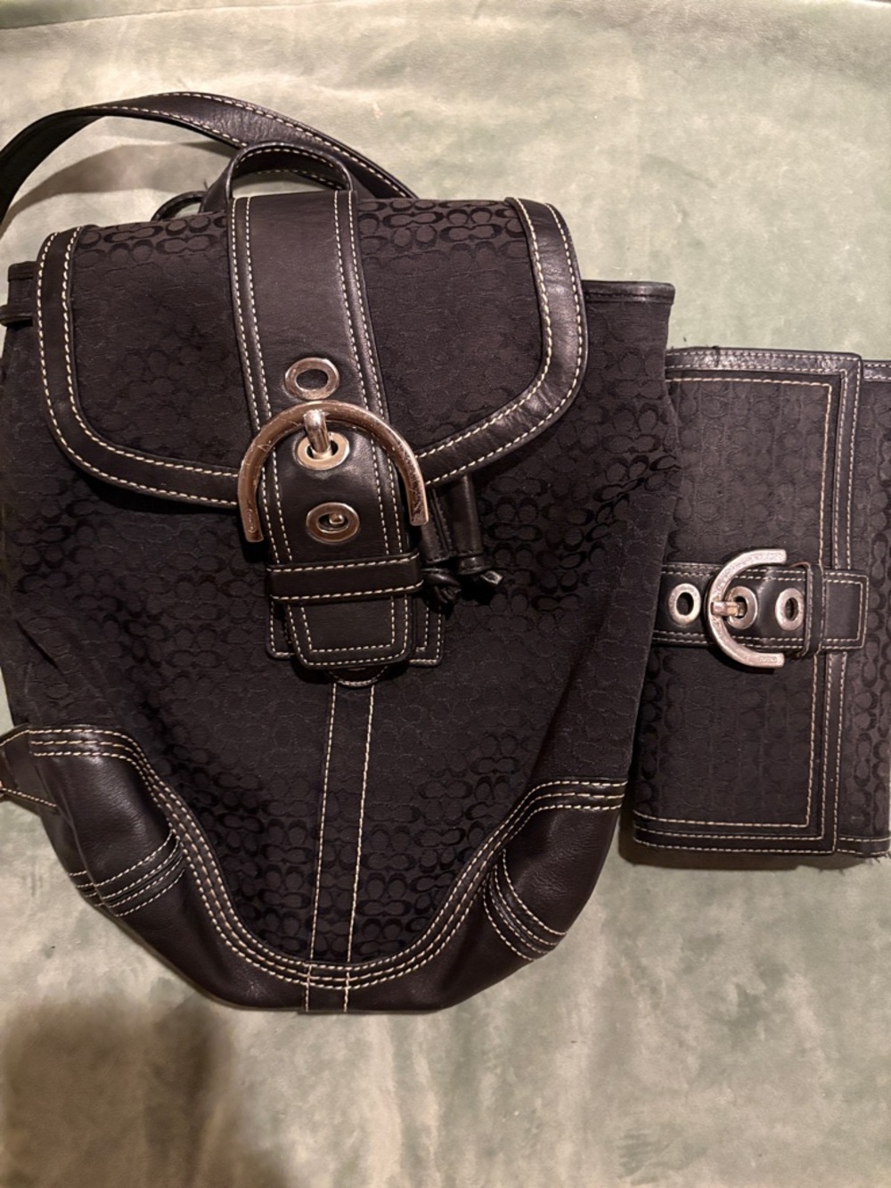 Vintage Coach Black Jacquard Backpack and Wallet Set with Silver Buckle